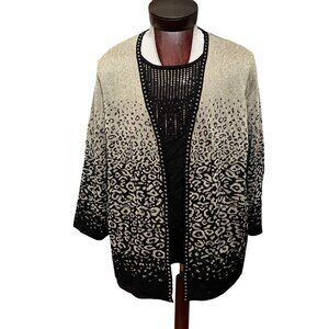 Alfred Dunner‎ Womens Metallic Leopard Cardigan Sweater 2X Black Gold Open Front